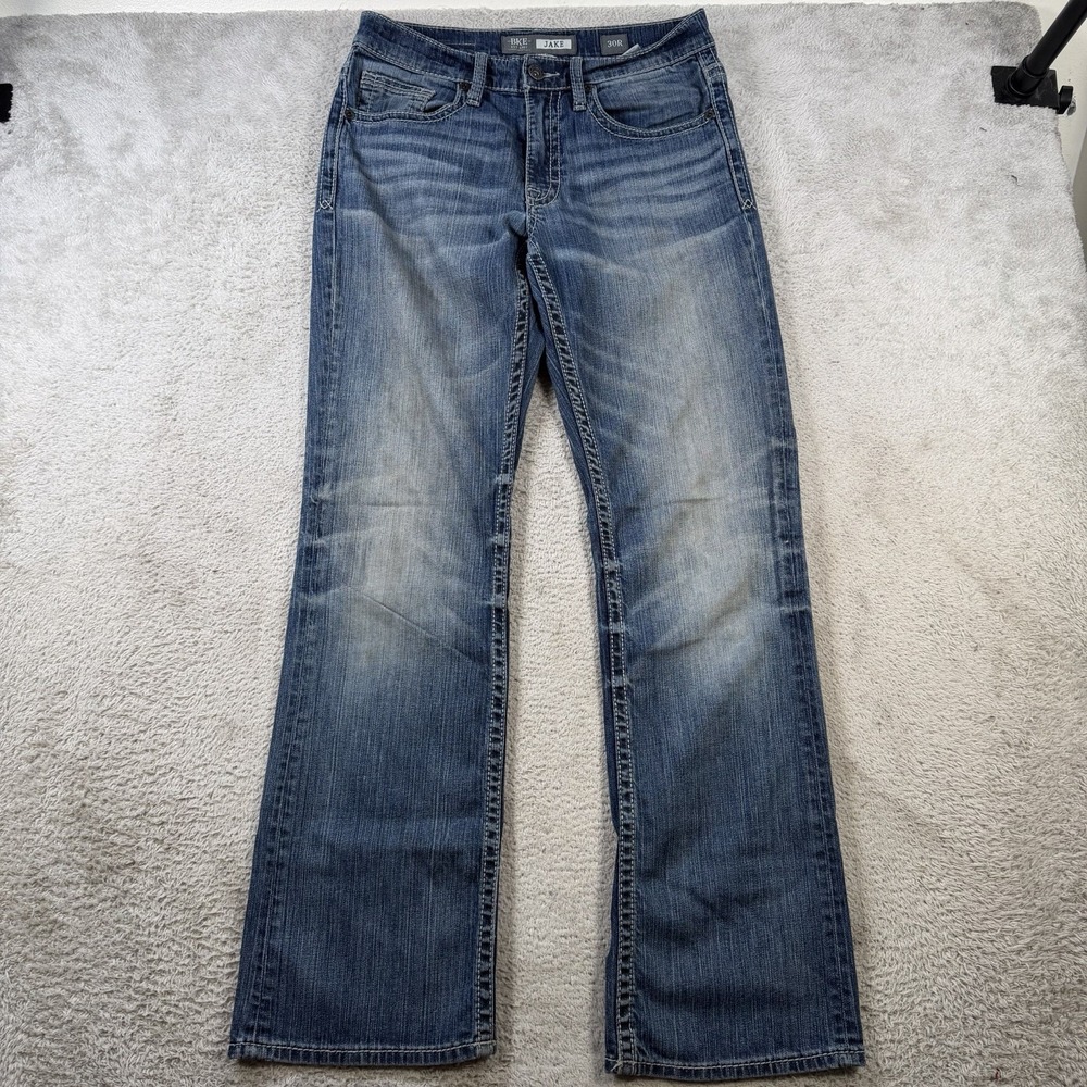 BKE Jake Jeans Mens 30x31 Blue Denim Bootleg Faded Whiskered Thick Stitch